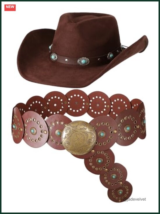 Western Wide Brim Suede Cowgirl Hat & PU Leather Belt Set with Turquoise main image 5